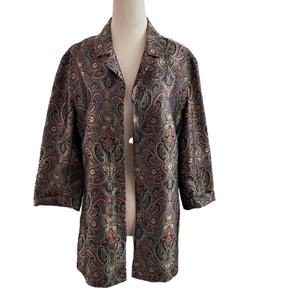 Vintage Chico’s Paisley Open Front Jacket Red Gold Black Medium